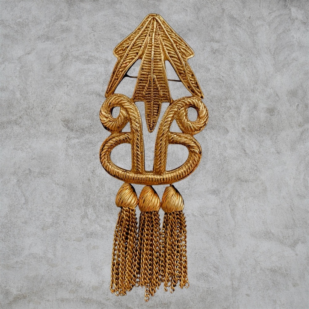 Carol Dauplaise Gold Tone Triple Tassel Statement Brooch